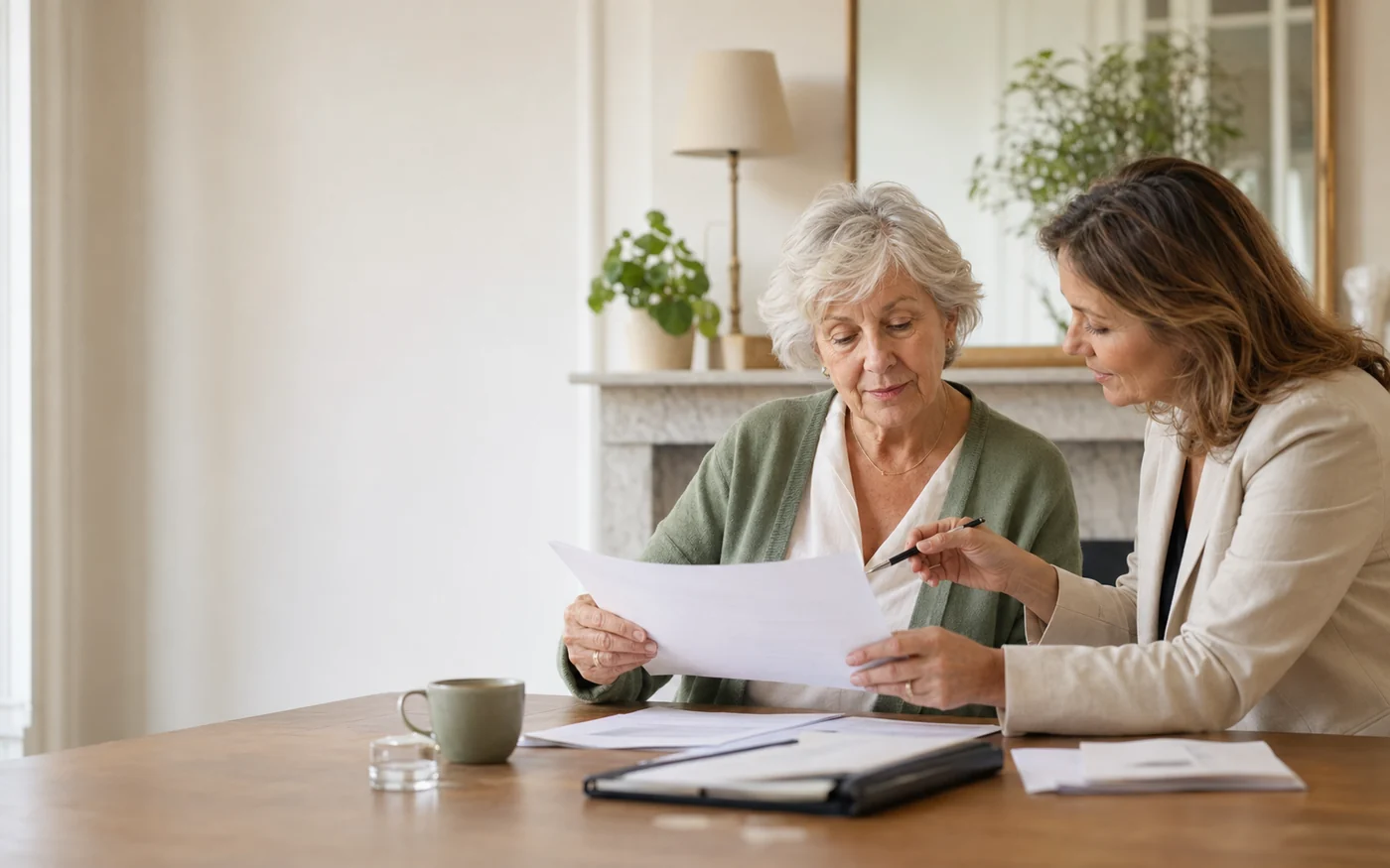 Une senior échange avec une conseillère autour de documents administratifs